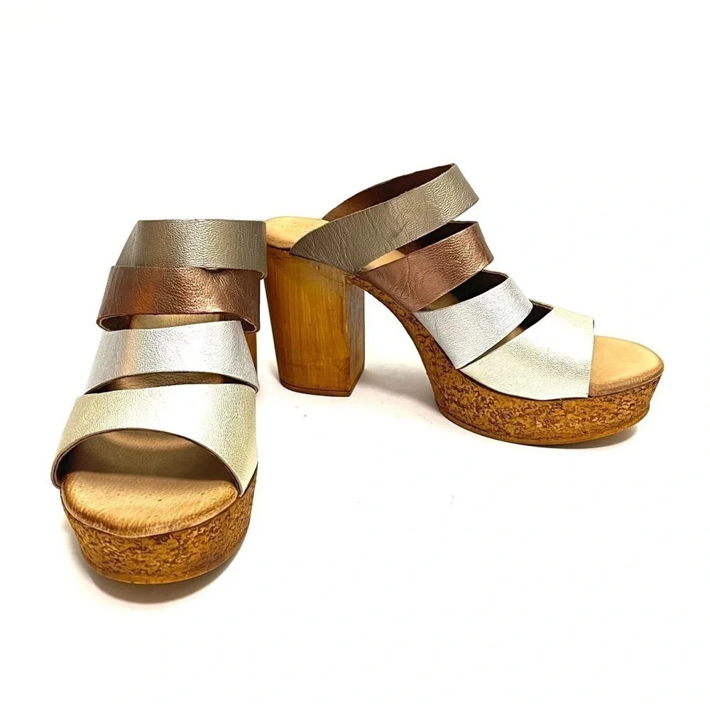 Vintage Y2K multicolor metallic leather strappy platform heels